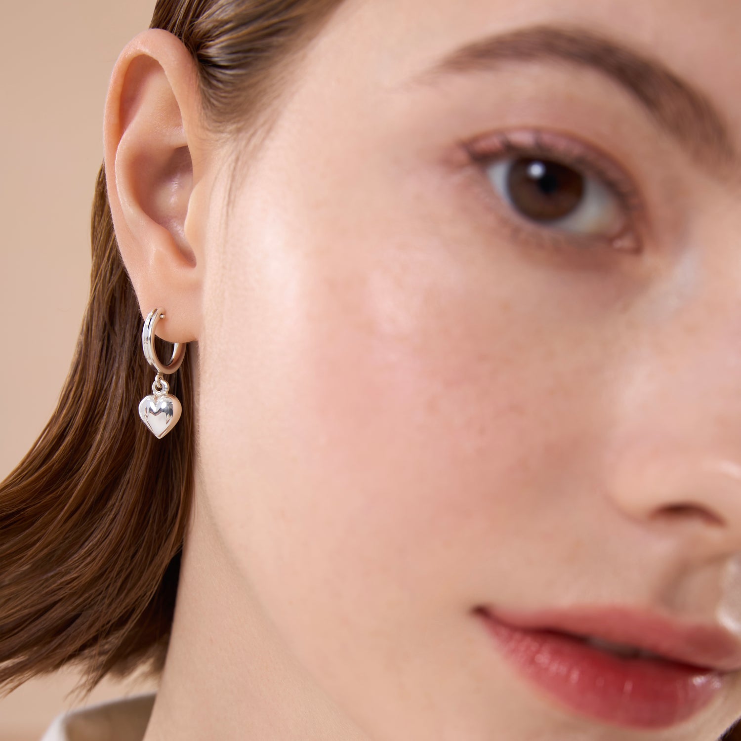 Silver Puff Heart Modern Round Hoop Earrings