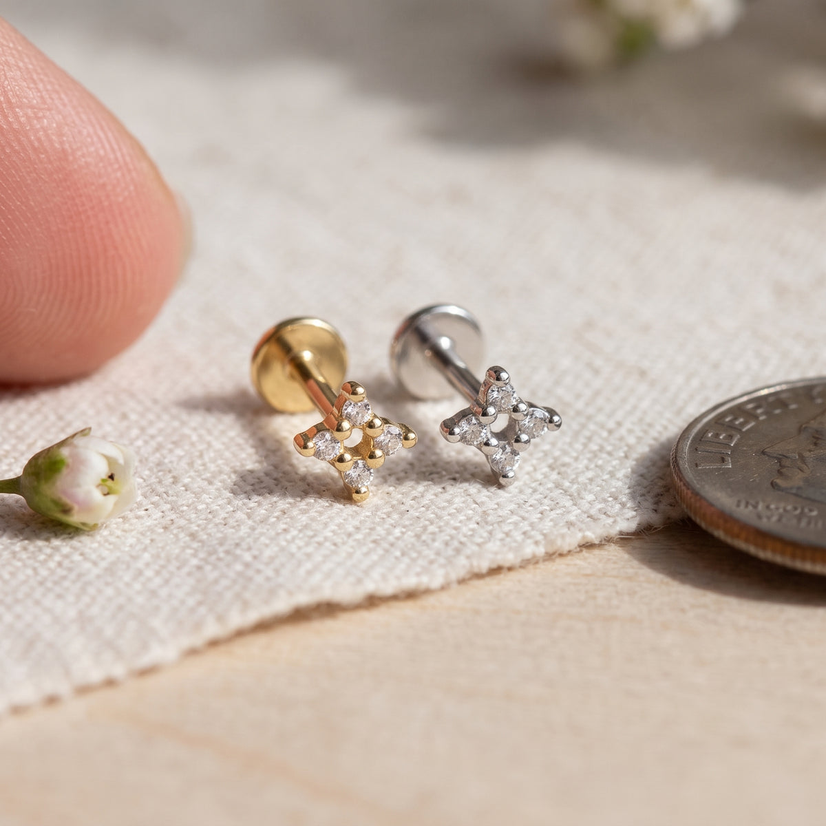 14K Solid Gold Diamond Starlight Threaded Labret Earring