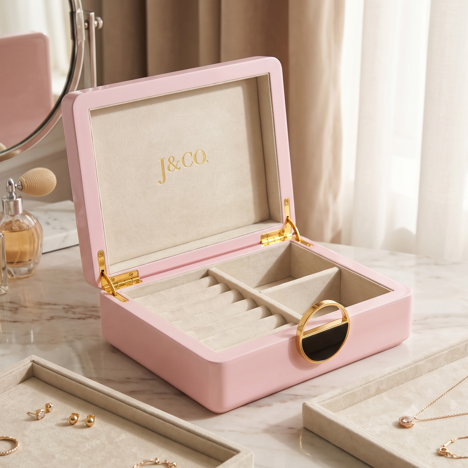 A pink wooden jewelry box with a gold clasp