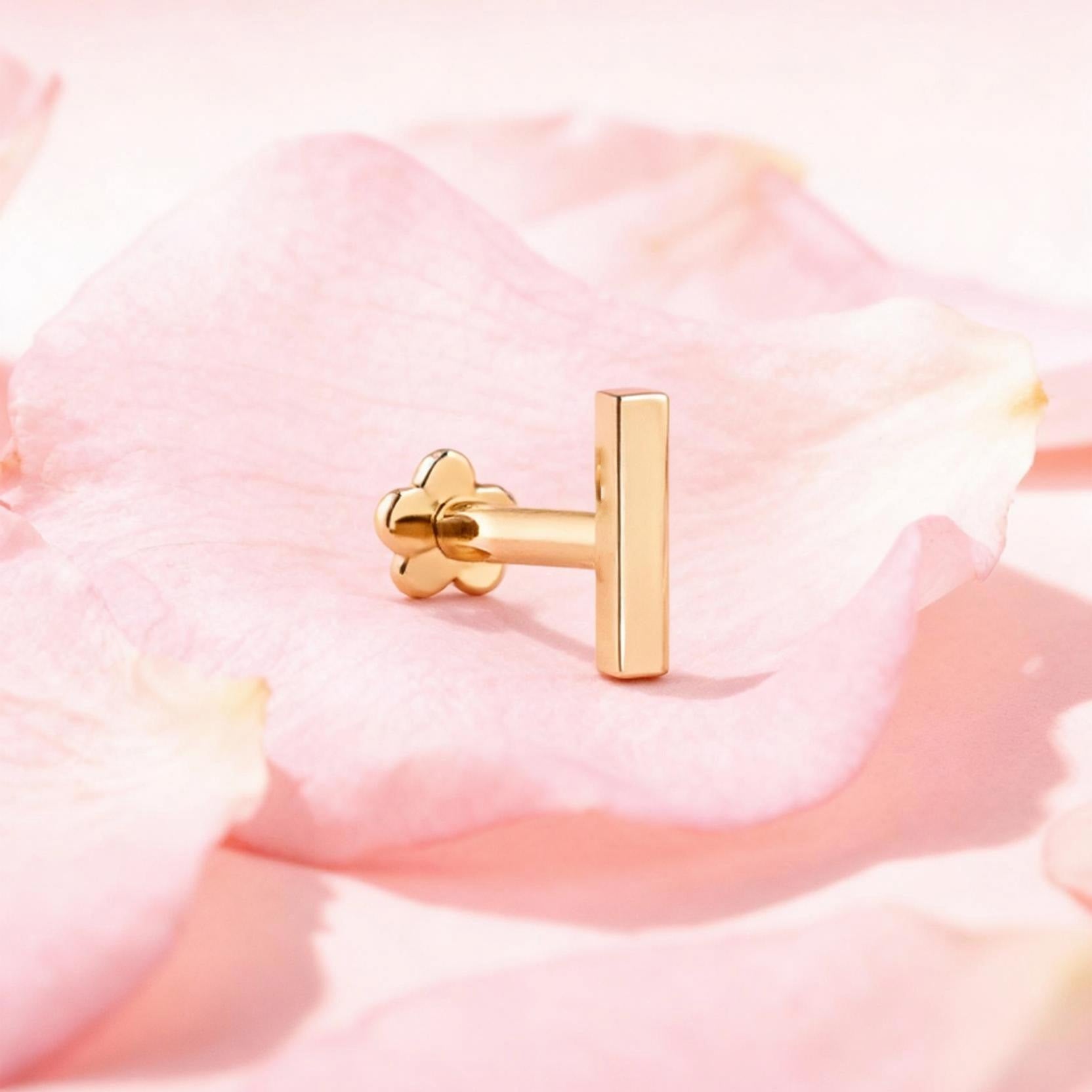 14K Solid Gold Micro Bar Flatback Earring