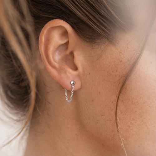 Boucles d'oreilles clous en chaîne à billes en or blanc 14K