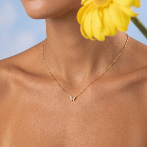 Kalung Kupu-Kupu Berlian Mini Pavé Emas Padat 14K
