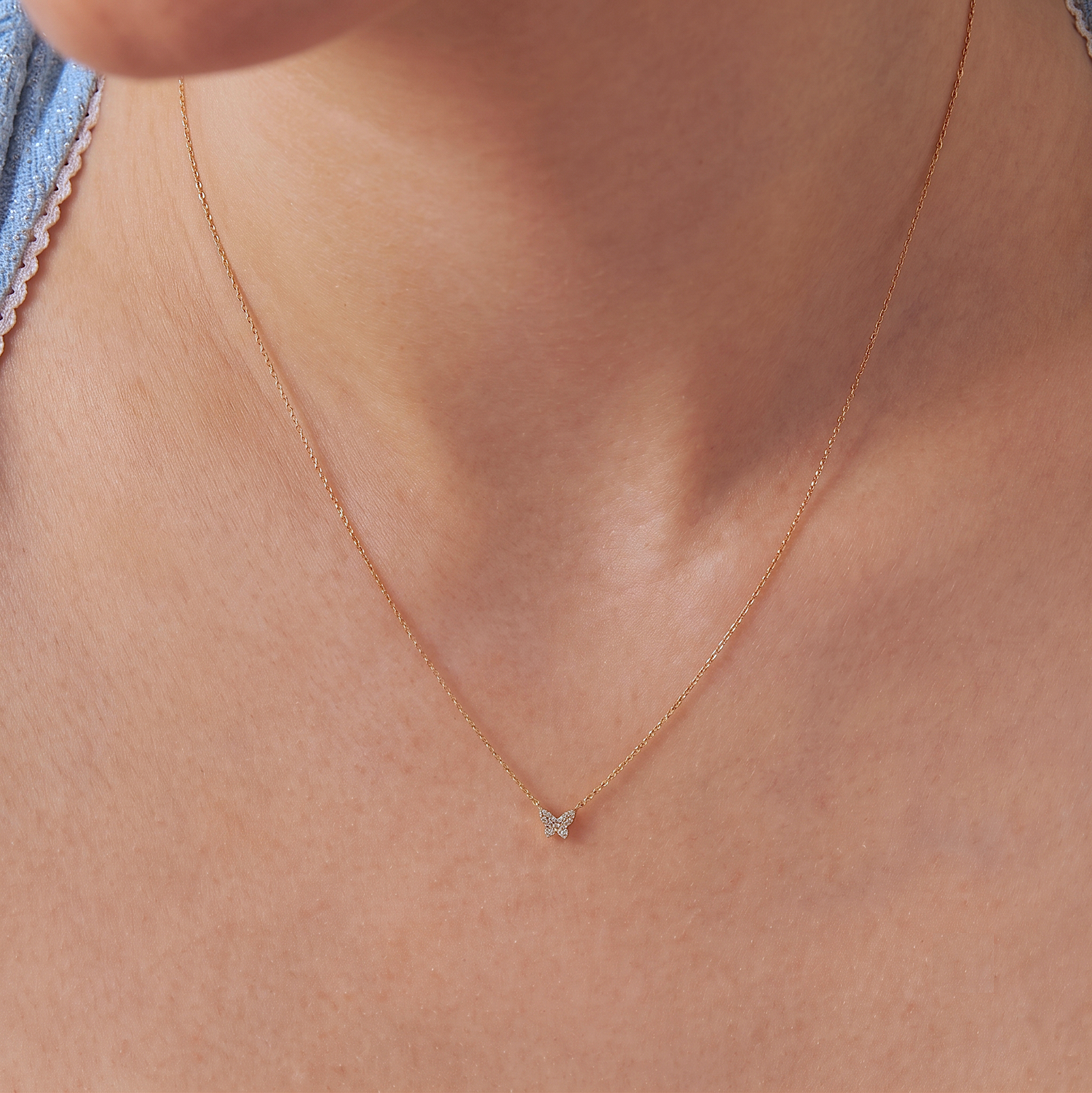 Kalung Kupu-Kupu Berlian Mini Pavé Emas Padat 14K
