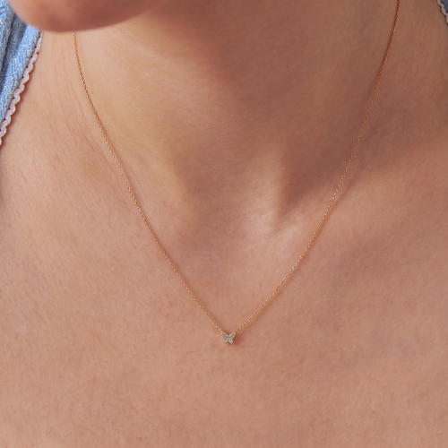 Kalung Kupu-Kupu Berlian Mini Pavé Emas Padat 14K