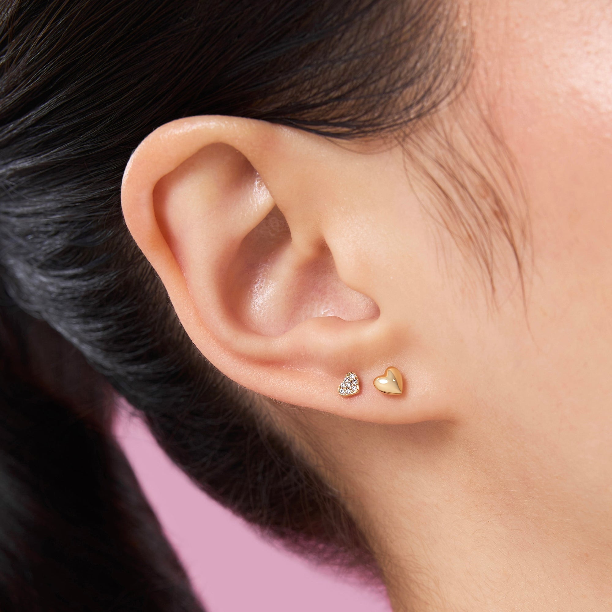 14K Solid Gold Pavé CZ Heart Flatback Earring