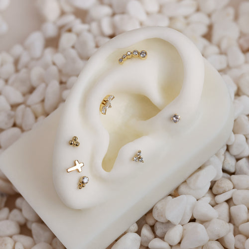 Tiny Trinity Threaded Flat Back Earring in 14k Gold