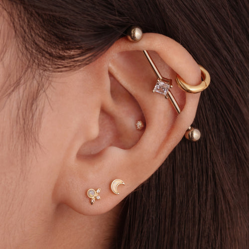 14K Solid Gold Opal Diamond Trinity Threaded Labret Earring
