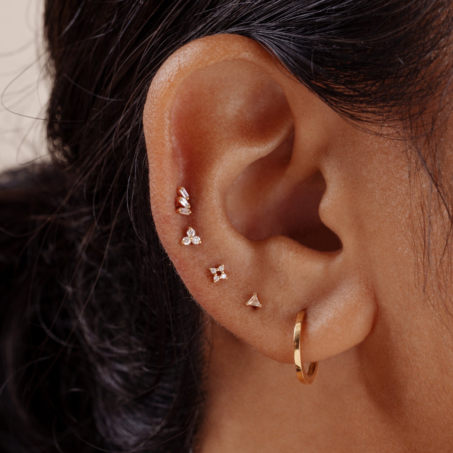J&CO Jewellery 14K Solid Gold Triple Diamond Threaded Labret Earring Right