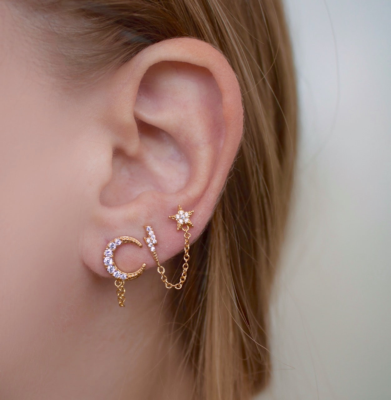 Pave Moon Chain Stud Earrings