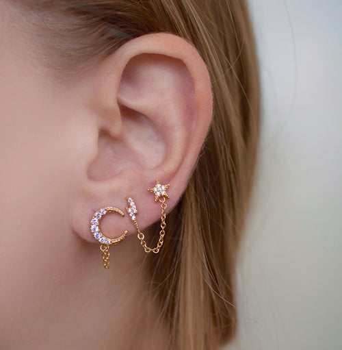 Pave Moon Chain Stud Earrings